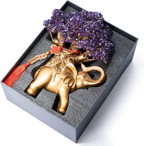 Vista 2 de Árbol de Dinero de Cristal de Amatista GEMBOURY en Estatua de Elefante Dorado, Bonsái Grande de 43 cm de Árbol de la Vida, Regalo de Decoración