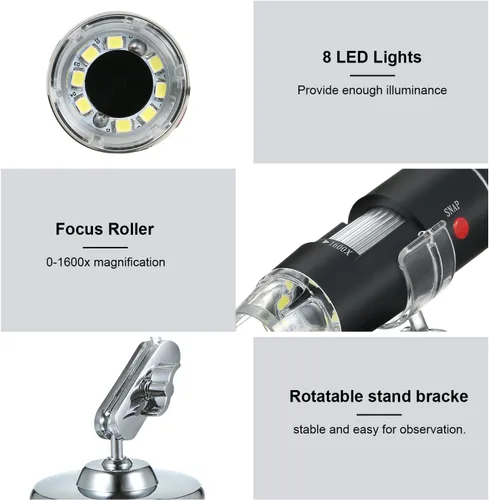Vista 5 de Andoer Microscopio digital USB 1600X cámara de aumento 8 LED con soporte portátil de inspección de mano lupa