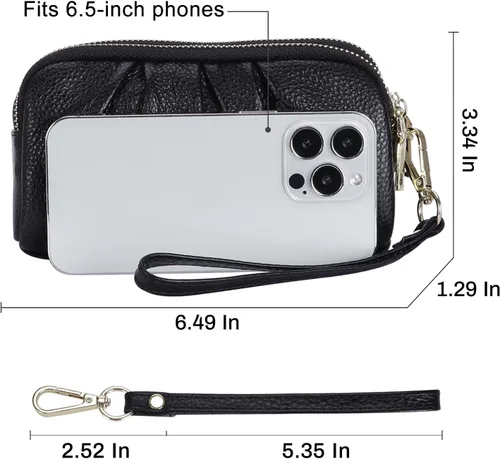 Vista 7 de Billeteras de pulsera para mujer, de piel auténtica, monederos fruncidos para mujer, cartera de mano