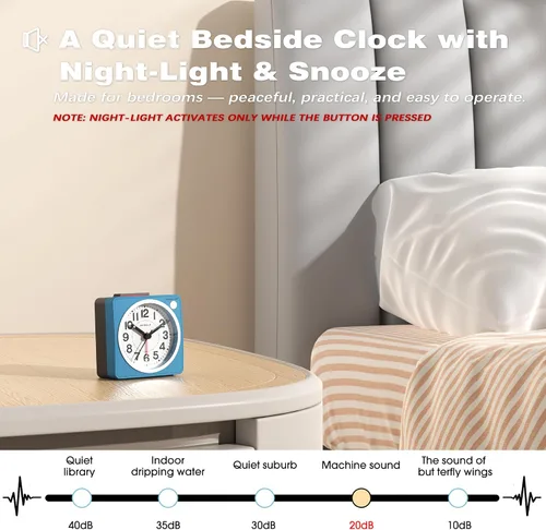 Vista 6 de AYRELY® Reloj despertador analógico de viaje ultra pequeño de 2.6 x 1.4 pulgadas, silencioso, sin tictac, con repetición y luz, reloj retro de Azul