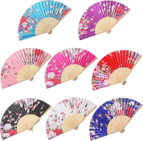 Vista 10 de BABEYOND - Abanicos de mano plegables florales, abanicos vintage de encaje, con patrones de flores de ciruela, abanicos de tela para bodas, bailes