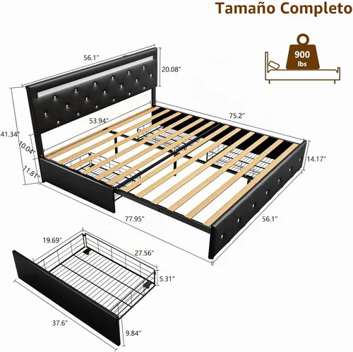 Vista 2 de Benevika Base de cama de tamaño completo con 4 cajones y estación de carga, cama tapizada de cuero PU con cabecera LED ajustable, soporte de Negro