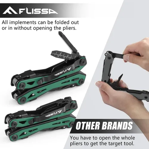 Vista 5 de FLISSA Alicates multiherramientas 16 en 1, regalos para hombres, multiherramienta EDC de acero inoxidable con cuchillo de bolsillo, clip