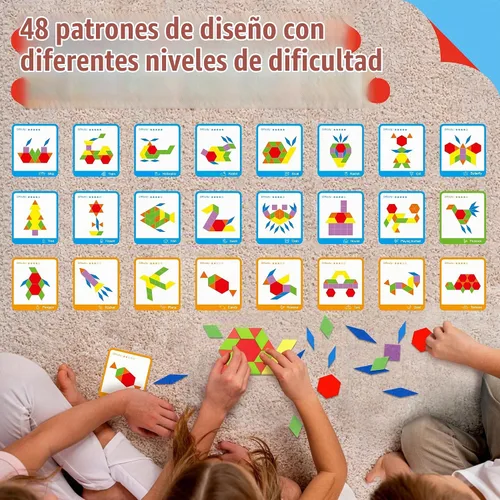 Vista 3 de 155 PIEZAS Juego de Bloques de Patrón de Madera, 24 Tarjetas de Diseño Doble Cara (48 Patrones) Rompecabezas de Forma Geométrica Divertido Tangram