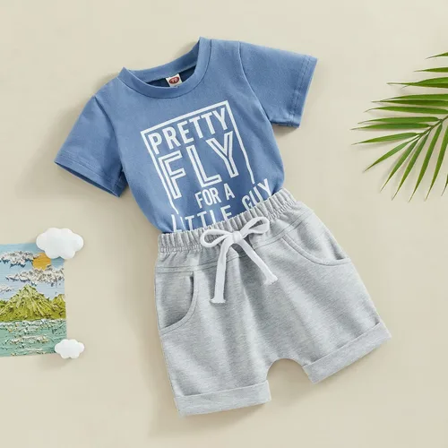 Vista 3 de Conjunto de ropa para niños pequeños, con estampado de Little Dude y pantalones cortos casuales con cordón para el verano