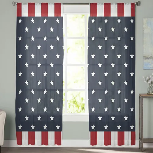 Vista 2 de Cortinas traslúcidas para el Día de la Independencia para el 4 de julio, juego de 2 paneles de 63 pulgadas de largo, con diseño de bandera