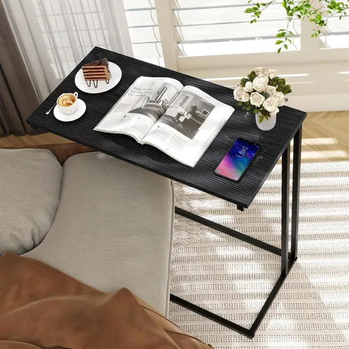 Vista 6 de Mesa auxiliar en forma de C, moderna mesa auxiliar con marco de metal, diseño que ahorra espacio para sala de estar, mesa de sofá de superficie Negro
