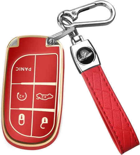 Vista 11 de QBUC Funda para llavero de Jeep con llavero de cuero TPU funda de protección compatible con llave inteligente Grand Cherokee Renegade (rosa)
