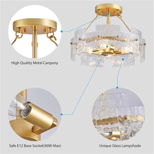 Vista 5 de XINGQI - Lámpara moderna de techo dorado de 16 pulgadas, 4 luces de techo de vidrio ondulado de agua para dormitorio, comedor, sala de estar 15.7