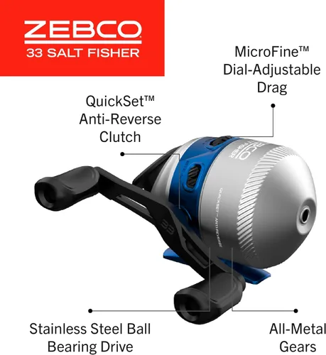 Vista 5 de Zebco Salt Fisher 33 Spincast - Combo de carrete y caña de pescar, 6 pies 6 pulgadas, 2 piezas de potencia media-pesada, varilla de fibra de vidrio