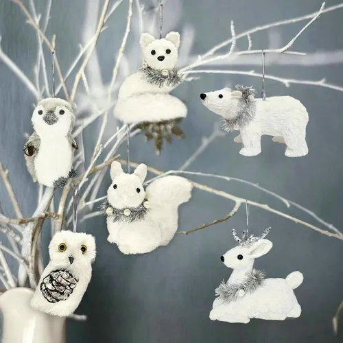 Vista 5 de Nature Vibe - Adornos de animales polares de sisal para árbol de Navidad, juego de 6 figuras de animales árticos en caja de regalo como adornos