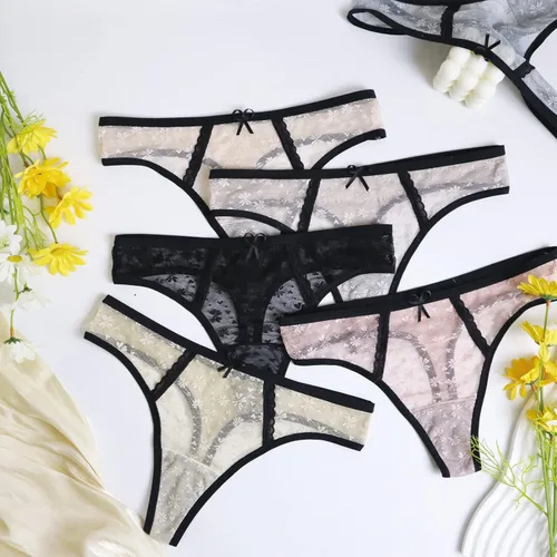 Vista 4 de Tanga para mujer, ropa interior sexy de tiro bajo, bragas hipster, paquete de 5 unidades, transpirables, elásticos, con espalda en T, tallas S-XL