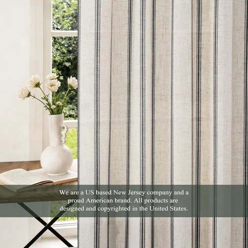 Vista 5 de DriftAway Cortinas de estilo granja con rayas verticales de lino mezclado texturizado con filtro de luz semitransparente para sala de estar