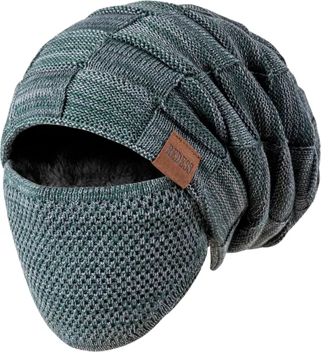 Vista 13 de REDESS Gorro para hombre y mujer, gorro de invierno cálido de punto holgado grueso con cubierta facial D2 Negro