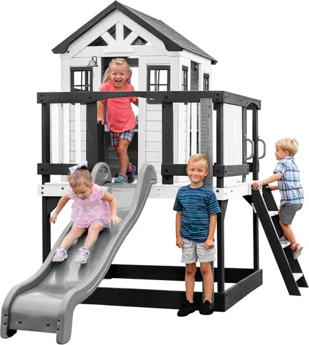 Vista 11 de Backyard Discovery Beacon Heights - Casa de juegos elevada de madera de cedro para niños con tobogán ondulado, cocina de juegos, cubierta