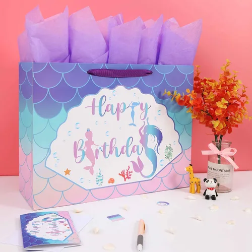 Vista 5 de Qirrmiy Juego de bolsas de regalo de cumpleaños de sirena extra grande de 16.5 pulgadas con asas, tarjeta de felicitación, papeles de seda morados