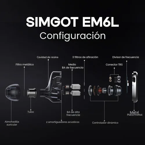 Vista 3 de Linsoul SIMGOT EM6L - Audífonos intraurales híbridos de monitor de 1DD + 4BA, auriculares para juegos, audífonos IEM HiFi con carcasa de resina