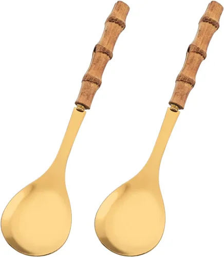 Vista 10 de Juego de 2 cucharas de servir de acero inoxidable de 10.0 pulgadas con mango de bambú natural, grandes utensilios plateados para servir, cucharón