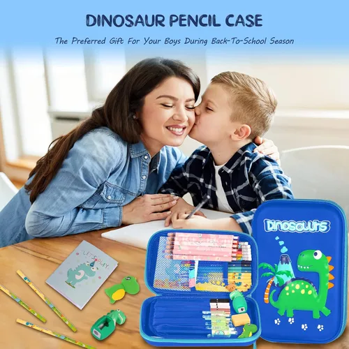 Vista 6 de homicozy Estuche para lápices para niños, bonito juego de papelería de dinosaurio para niños, organizador de lápices escolar de EVA 3D