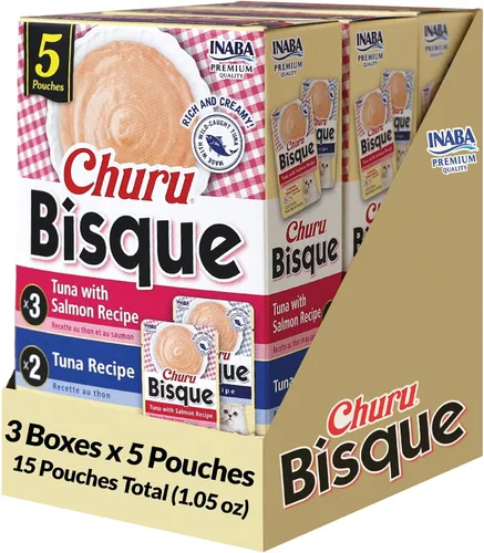 Vista 11 de INABA Churu Bisque para gatos mayores de 10 años, Puré cremoso en sobre, 1.4 onzas por sobre, 12 sobres en total, Receta de atún con salmón