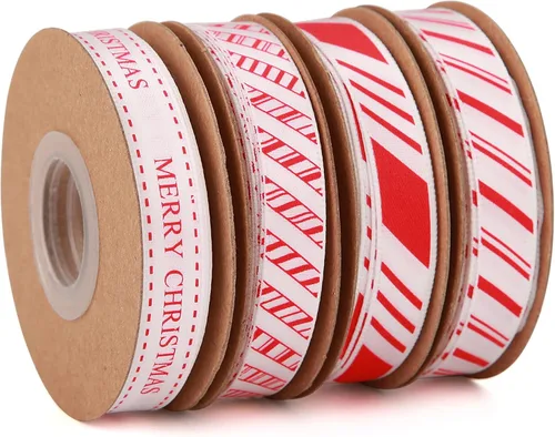 Vista 12 de Meseey 4 rollos de cinta de algodón de menta de caramelo de Navidad de 20 yardas y 5/8 pulgadas a rayas rojas y blancas para envolver regalos