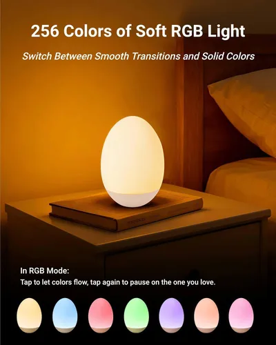 Vista 4 de Luz nocturna de huevo para bebé para guardería y lactancia – Luz táctil portátil con 7 colores RGB, atenuación continua, recargable, silicona suave