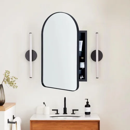 Vista 11 de Botiquín de baño empotrado en arco dorado cepillado con espejo de acero inoxidable con marco de metal rectangular con espejo de 16 x 28.3 pulgadas