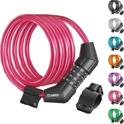 Vista 14 de Titanker Cable de bloqueo de bicicleta, bloqueo de cable de bicicleta de 4 pies, bloqueo de bicicleta autoenrollable básico para niños, combinación