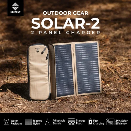 Vista 2 de NESTOUT Panel solar portátil, puertos USB-C y USB-A, cargador solar de 14 W para campamento, nailon Ripstop repelente al agua, diseño compacto