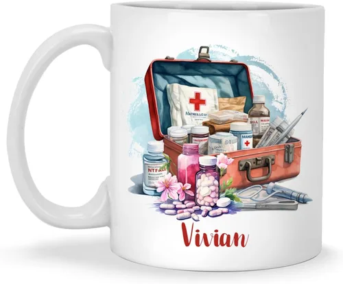 Vista 11 de Enfermera con equipos médicos Tazas de café, Taza de cerámica de enfermería con nombre personalizado, Taza de café asistente médica, Regalo