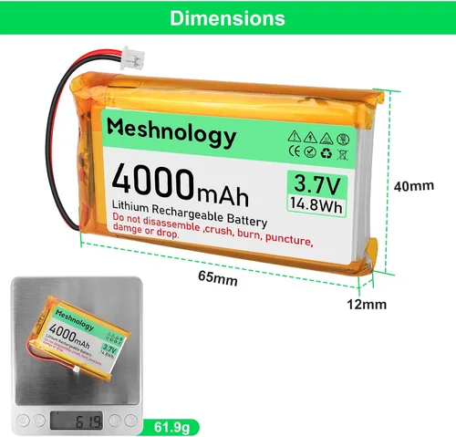 Vista 13 de Batería Li de 3.7 V 4000 mAh con cable de cargador USB 124065 1S LiPo batería con placa de protección, cinta de goma aislada y enchufe micro JST