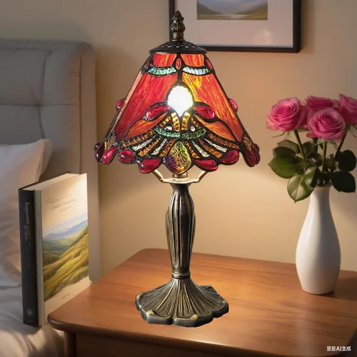 Vista 6 de Tiffany - Lámpara de mesa con perlas rojas, estilo barroco, vitral, luz de escritorio, pequeña lámpara de noche estilo Tiffany con bombilla LED