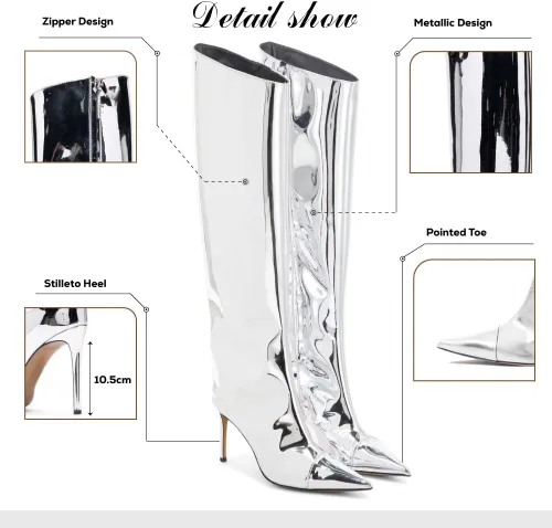 Vista 4 de Ancomafio Botas metálicas hasta la rodilla y botines para mujer, tacón de aguja, botas de espejo puntiagudas, botines elegantes con cremallera