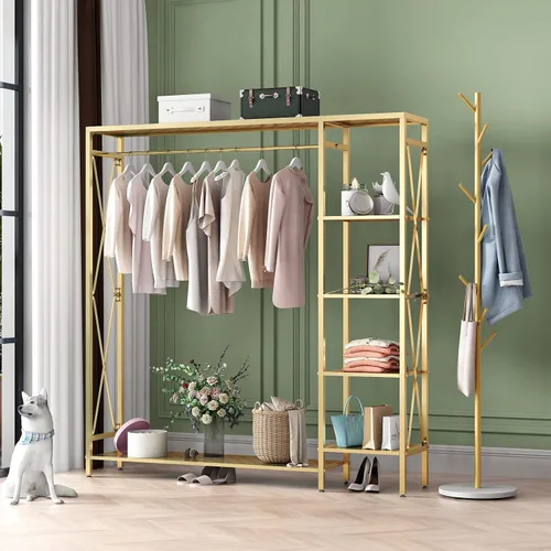 Vista 7 de TIEOU Estantes de ropa dorados modernos independientes, estante de ropa dorado con estantes para boutiques, estante de ropa resistente para colgar