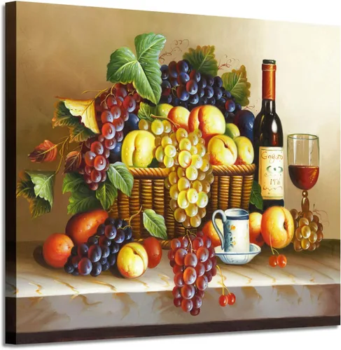 Vista 10 de ARTISTIC PATH Arte de Pared en Lienzo de Comida Retro - Cuadro Vintage de Frutas Burdeos Colorido Melocotón Uva Pintura Antigua Impresiones de Arte