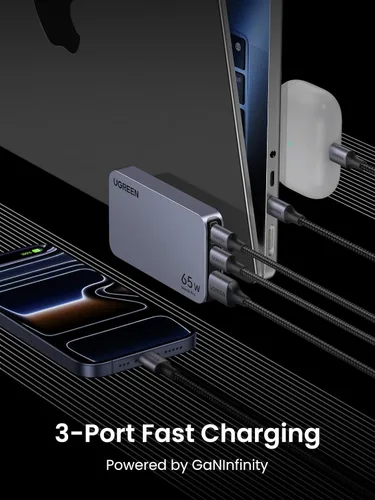 Vista 3 de UGREEN Nexode Pro 65W GaN USB C Cargador de Pared Delgado de 3 Puertos, Cargador Compacto Rápido PPS para iPhone Serie 17/16/15, MacBook Air, iPad