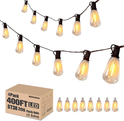 Vista 16 de 200 pies de luces de cadena LED al aire libre Edison para exteriores, impermeables, 2200K, luces de patio con 104 bombillas de plástico