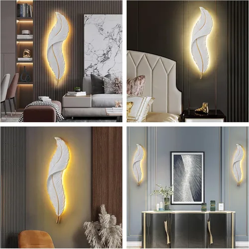 Vista 4 de DJAMEL : Aplique de pared creativo, luz de pared decorativa de plumas de resina blanca, lámpara LED para interiores, sala de estar, dormitorio