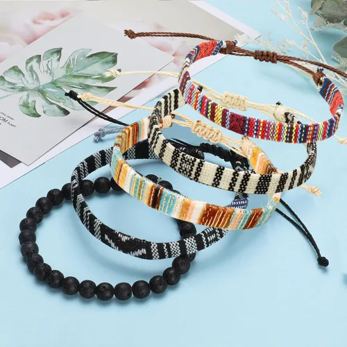 Vista 11 de Conjunto de pulseras de playa para hombres y mujeres, pulseras para hombres, pulseras bohemias hechas a mano, pulseras envolventes de joyería