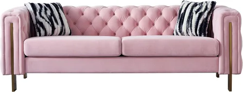 Vista 8 de Sofá/sofá moderno de terciopelo, sofá de sala de estar, sofá tapizado, sofá de dos plazas con patas doradas y 2 cojines para sala de estar Beige
