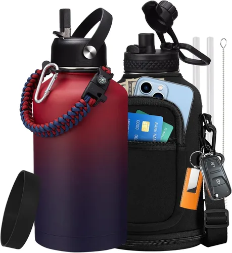 Vista 50 de Botellas de agua de 32 onzas aisladas con pajita y tapa para beber de un sorbo, asa de paracord, bolsa de transporte con correa, termo de triple
