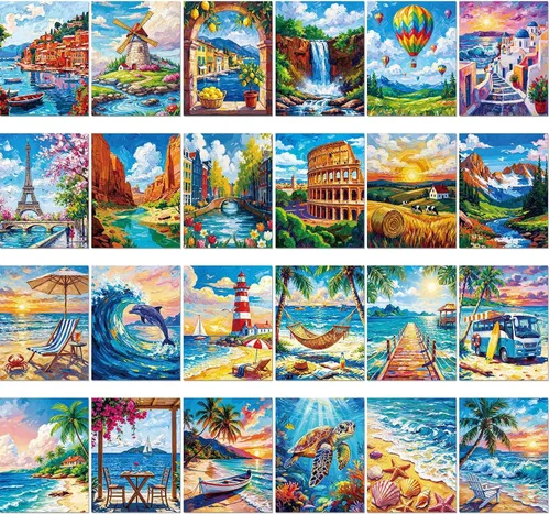 Vista 13 de Sherr Juego de 24 lienzos predibujados para pintar para adultos, lienzo preimpreso a granel, sorbo y pintura, paneles estirados, juego de pintura