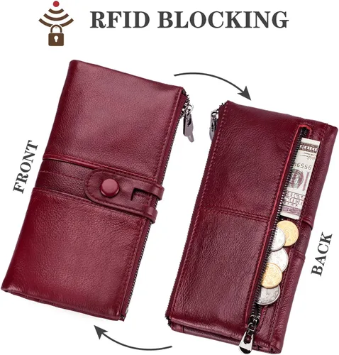 Vista 3 de ROULENS - Billetera de cuero genuino para mujer, con tarjetero, compartimiento para celular, chequera, monedero, con cremallera, cartera Rfid, L