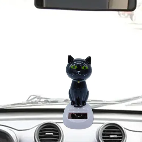 Vista 4 de Cabeza de gato con energía solar, bonita decoración de baile para tablero de automóvil, interior y adornos de escritorio Negro