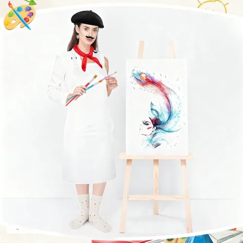Vista 6 de Disfraz de artista para adultos, conjunto de disfraz de pintor con delantal de artista, boina francesa y suministros de arte, accesorios