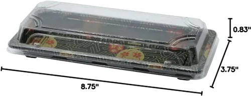 Vista 2 de Bandejas pequeñas de sushi negras con tapas de 8.75 x 3.75 pulgadas, caja de embalaje desechable para sushi, contenedor de transporte, cajas
