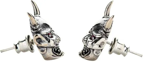 Vista 4 de Pendientes de plata de ley con ojos rojos japoneses de diablo calavera Oni máscara