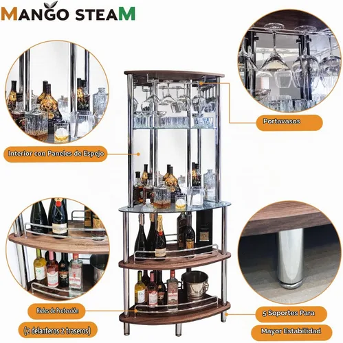 Vista 4 de Mango Steam Mesa Catalina de barra de licor contemporánea y moderna para entretenimiento en el hogar (barra de torre, transparente y marrón)