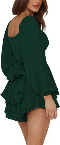 Vista 3 de LYANER - Enterizo con volados de manga larga estilo farol y con lazo, para mujer, rómper corto