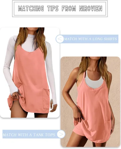 Vista 3 de Nirovien Vestido de tenis para mujer, mini vestido de entrenamiento con pantalones cortos, sin mangas, tirantes delgados, vestidos atléticos de golf